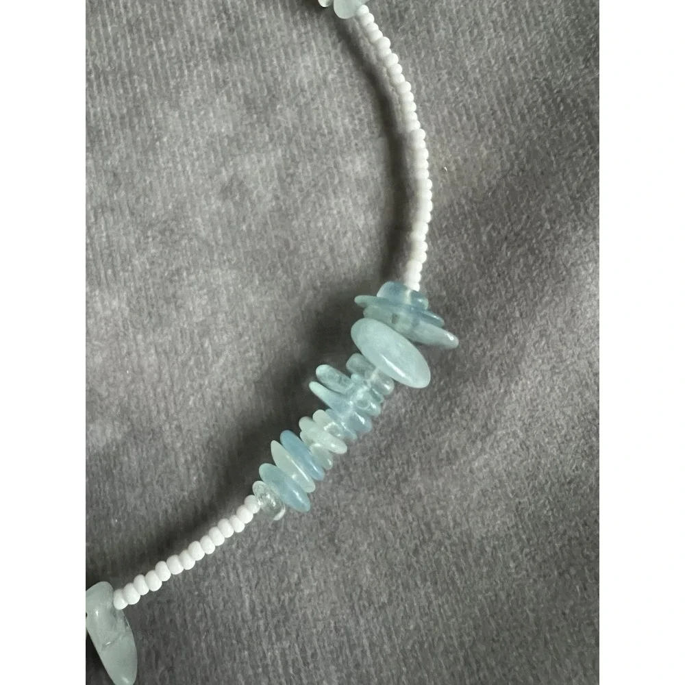 White Seed Bead Aqua Stone Chip Choker‎ Necklace Boho Minimalist Beach
